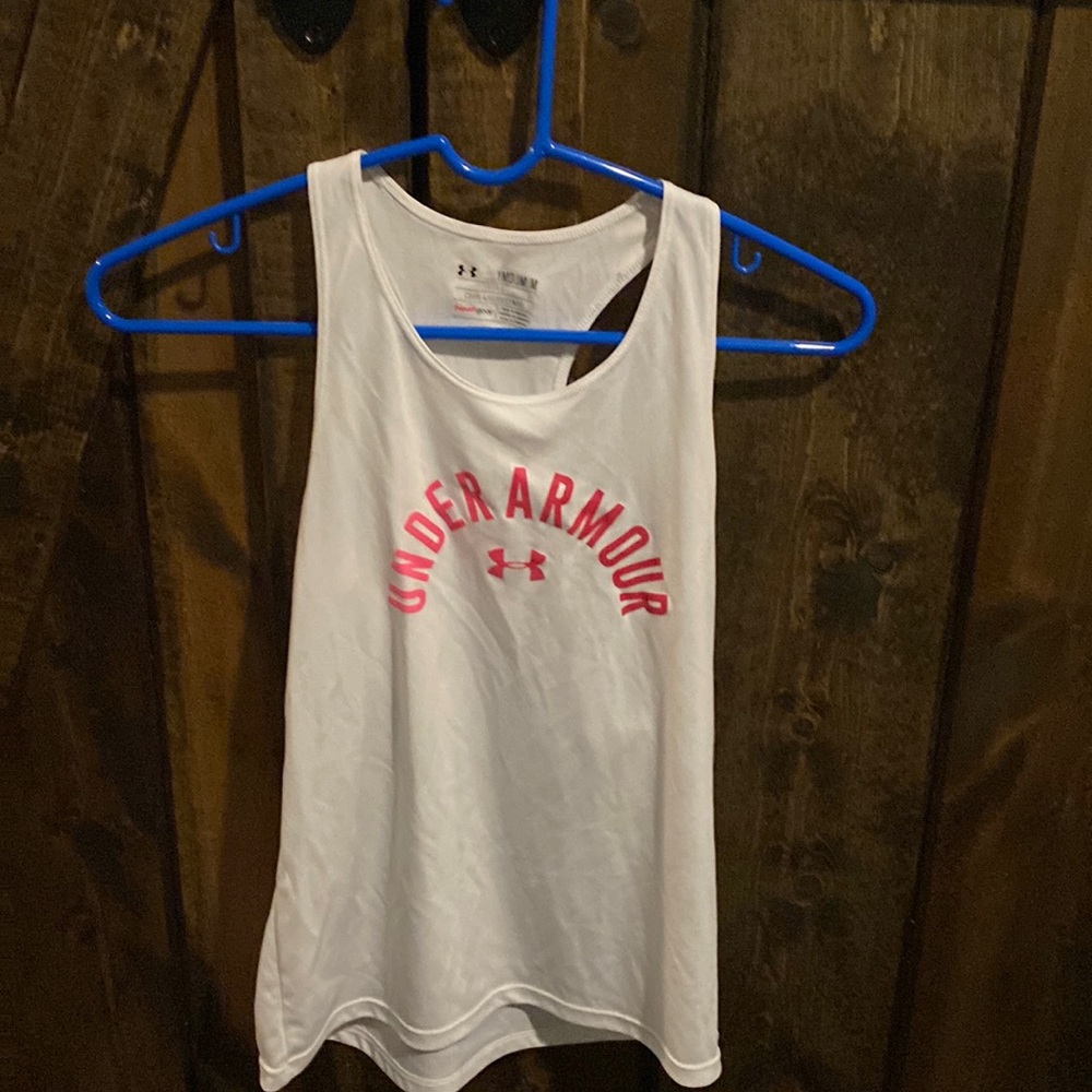 Girls Under Armour White Fitted Heat Gear Racer Back Tank Size YMD